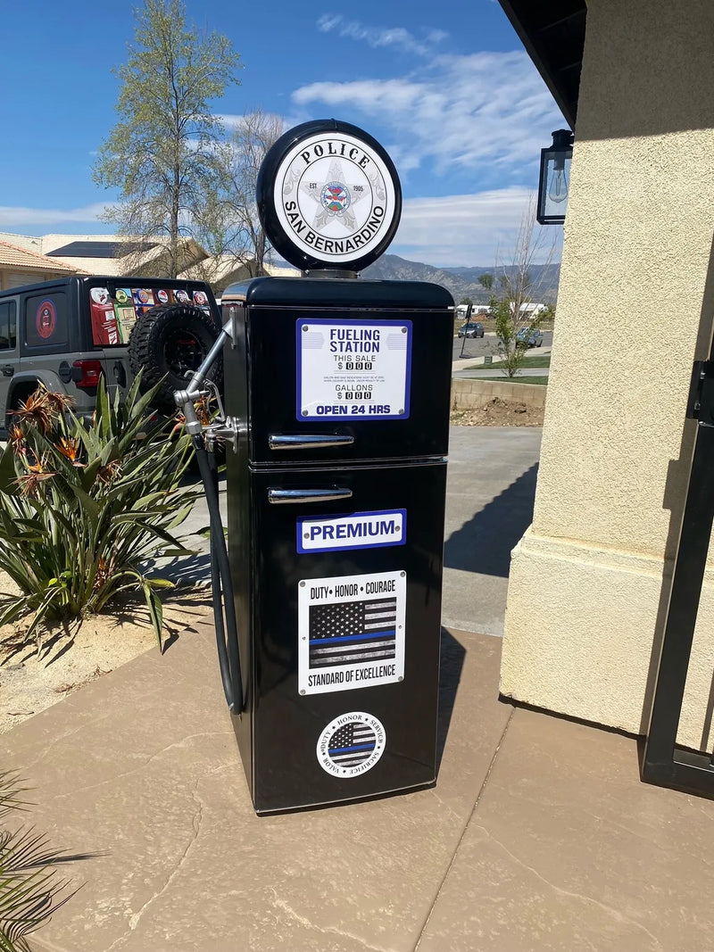Replica Police Box Dino Sinclair Tokheim 39 Style Gas Pump Replica Fridge — Chrome & Neon