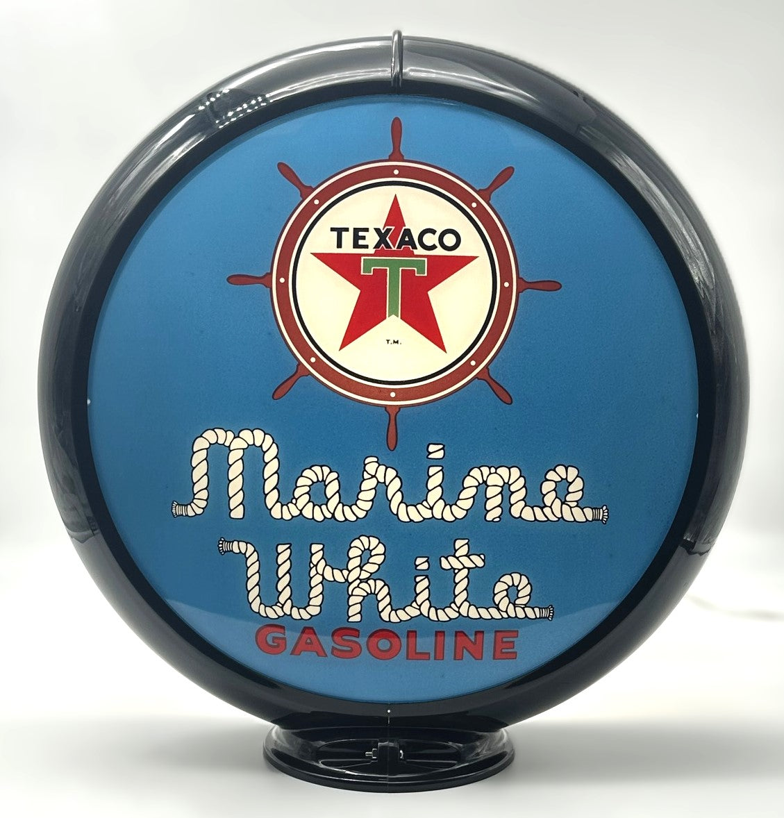 TEXACO MARINE WHITE GASOLINE IN BLUE 13.5" GAS PUMP GLOBE