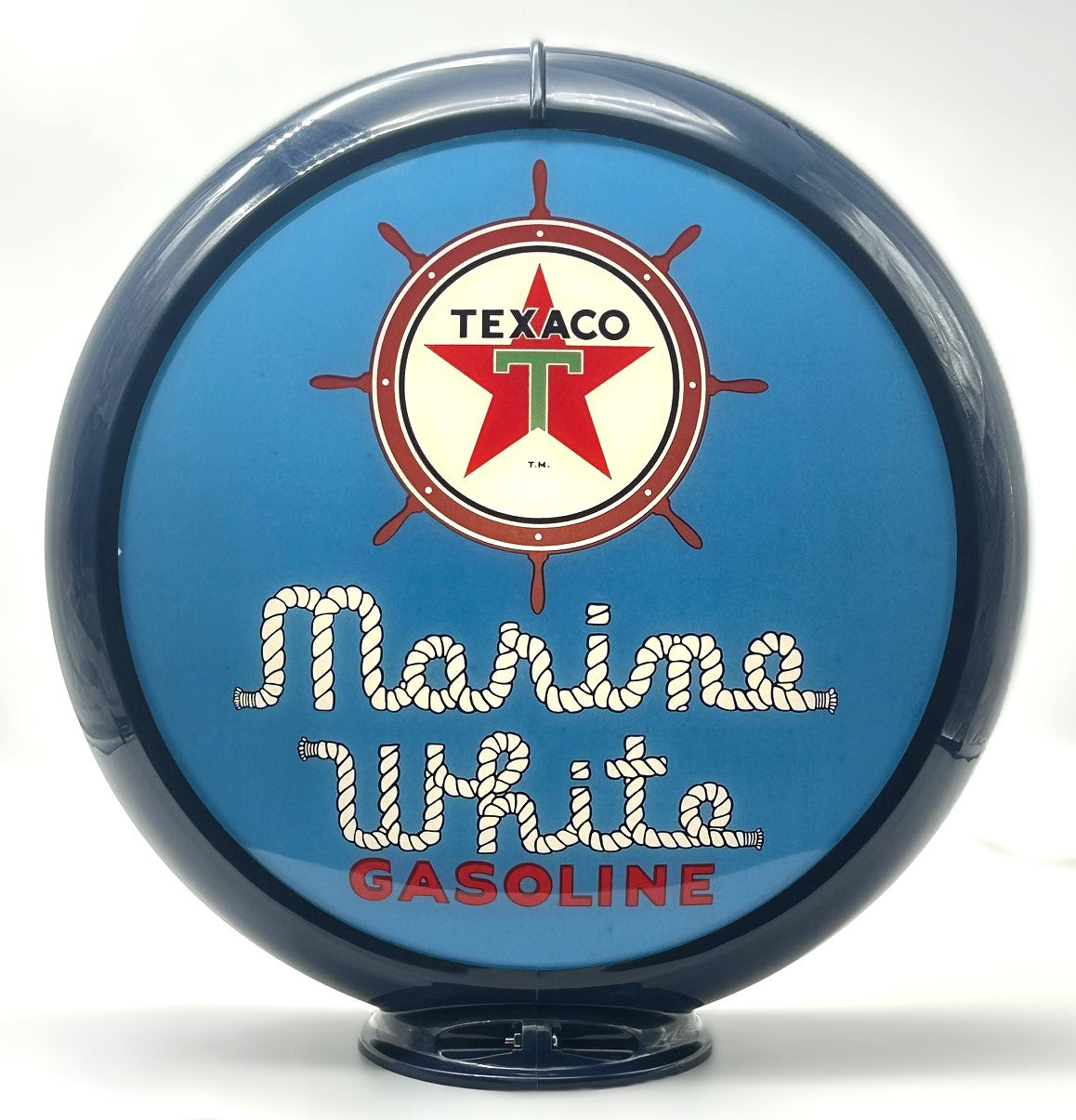 TEXACO MARINE WHITE GASOLINE IN BLUE 13.5" GAS PUMP GLOBE