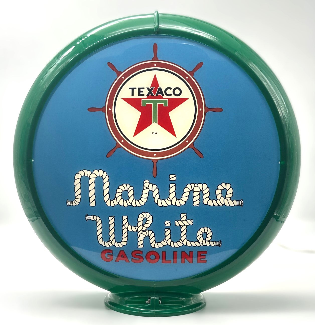TEXACO MARINE WHITE GASOLINE IN BLUE 13.5" GAS PUMP GLOBE