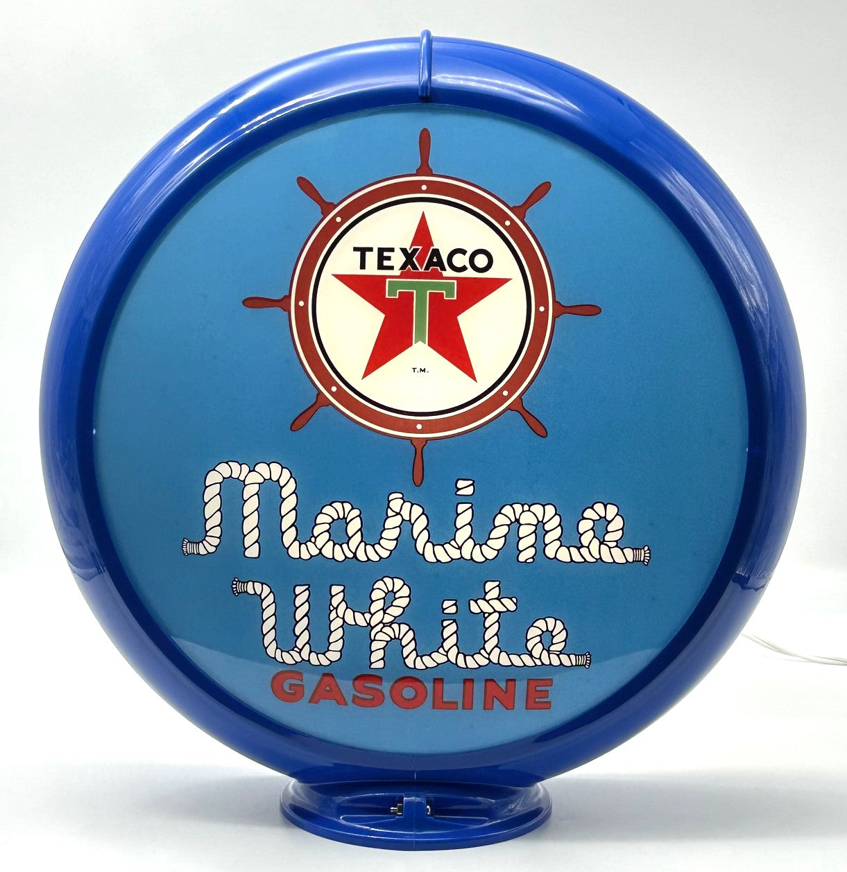 TEXACO MARINE WHITE GASOLINE IN BLUE 13.5" GAS PUMP GLOBE