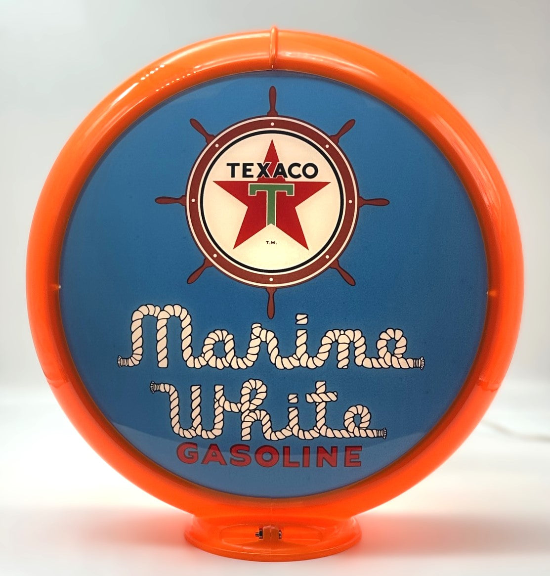 TEXACO MARINE WHITE GASOLINE IN BLUE 13.5" GAS PUMP GLOBE