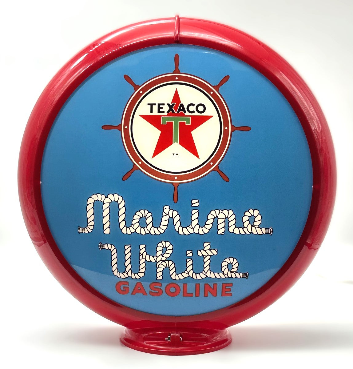 TEXACO MARINE WHITE GASOLINE IN BLUE 13.5" GAS PUMP GLOBE