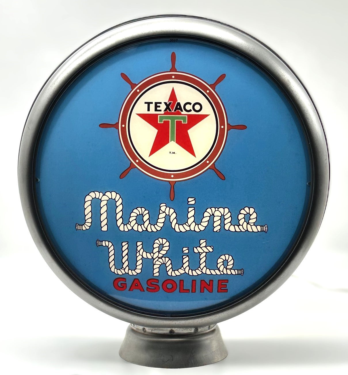 TEXACO MARINE WHITE GASOLINE IN BLUE 13.5" GAS PUMP GLOBE
