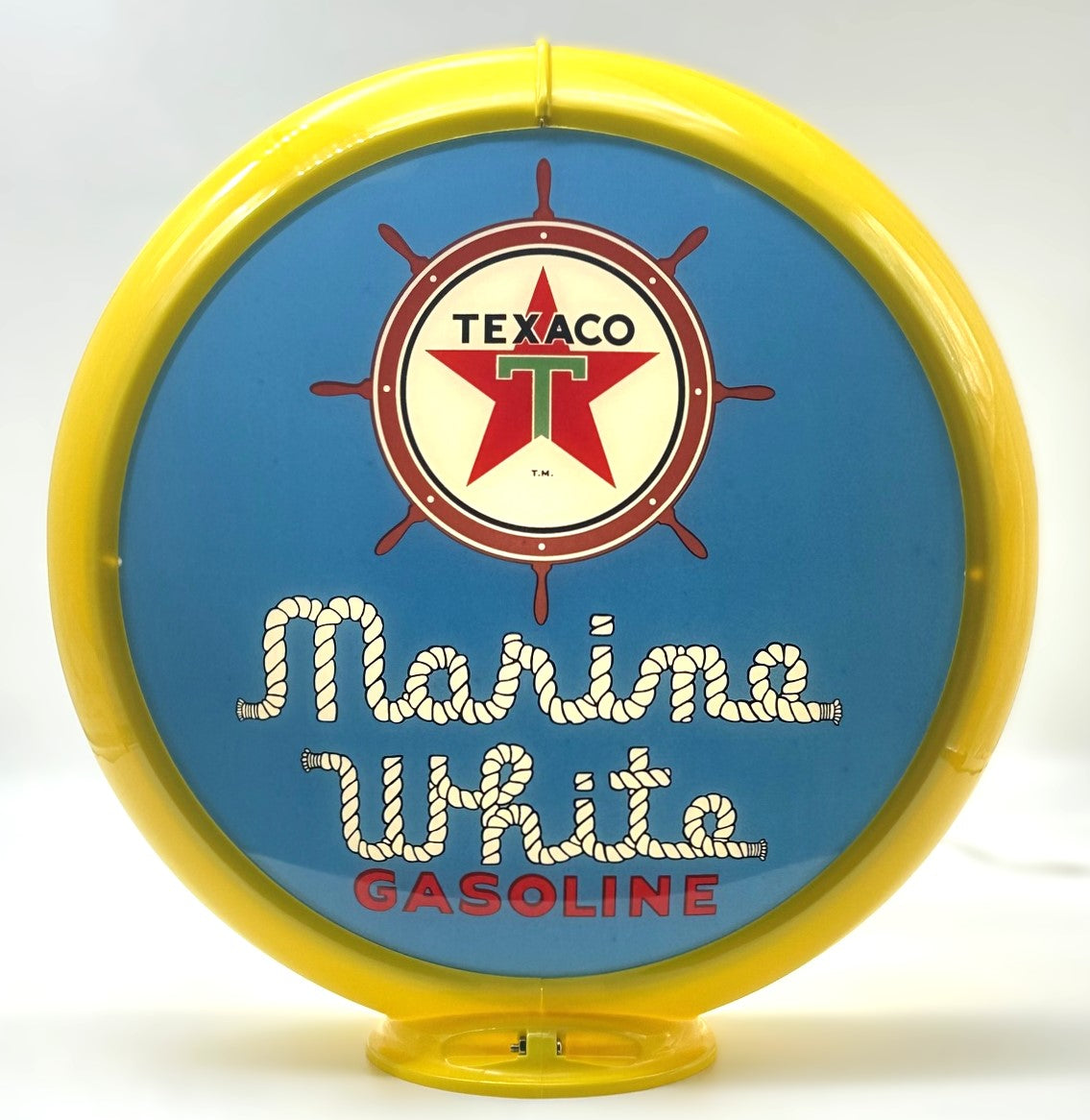 TEXACO MARINE WHITE GASOLINE IN BLUE 13.5" GAS PUMP GLOBE
