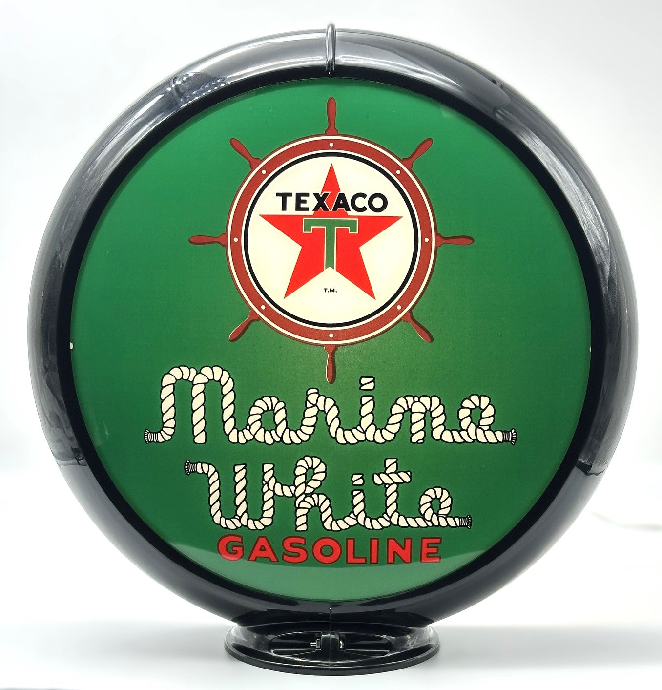 TEXACO MARINE WHITE GASOLINE IN GREEN 13.5" GAS PUMP GLOBE