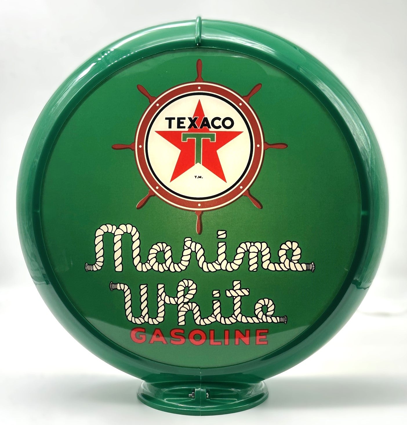TEXACO MARINE WHITE GASOLINE IN GREEN 13.5" GAS PUMP GLOBE
