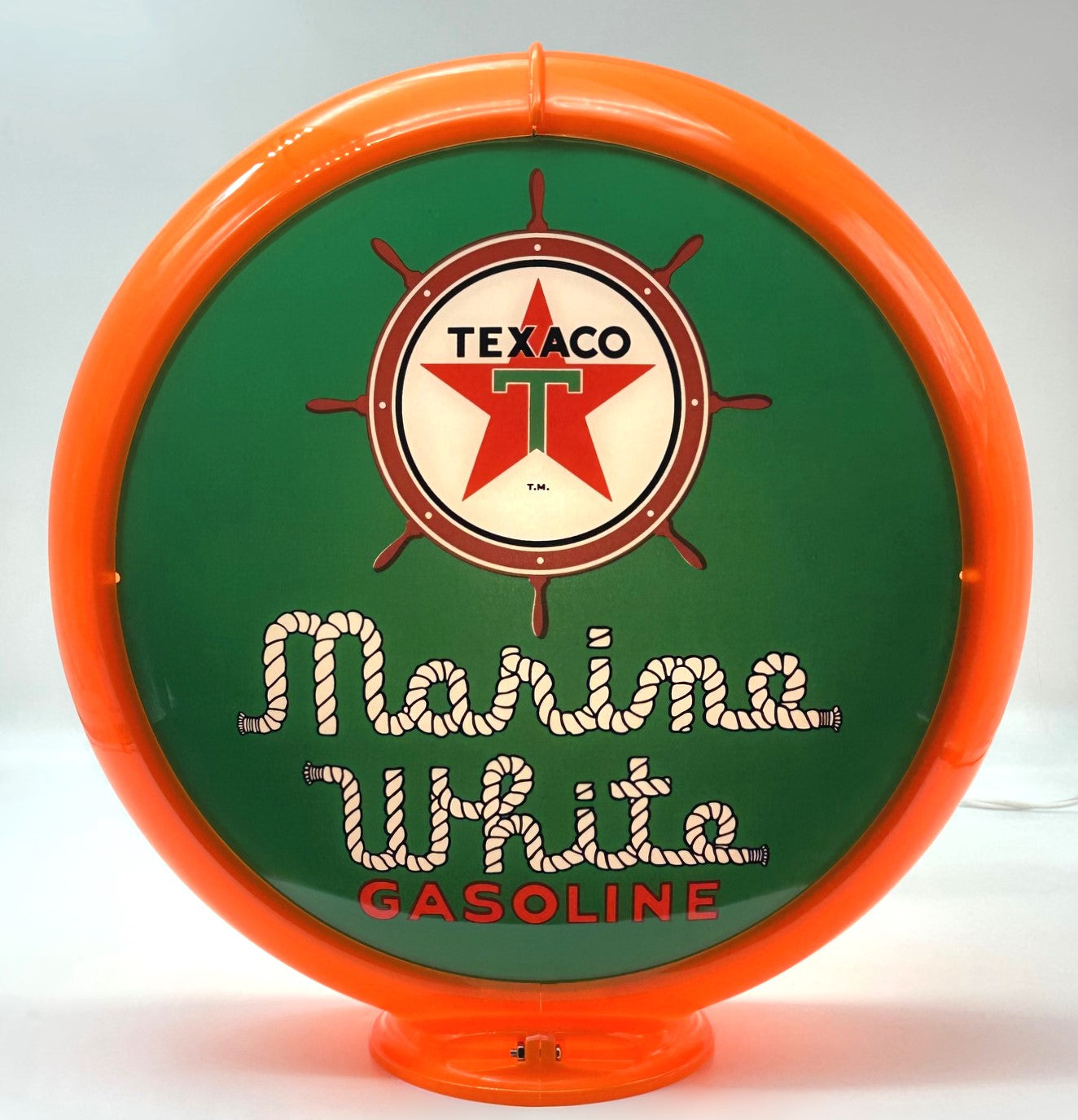 TEXACO MARINE WHITE GASOLINE IN GREEN 13.5" GAS PUMP GLOBE