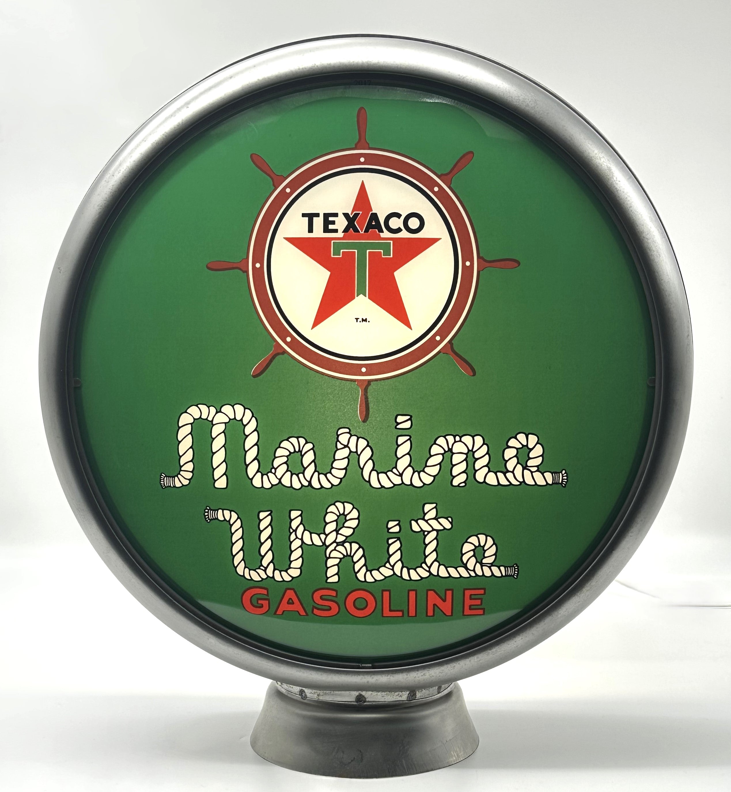 TEXACO MARINE WHITE GASOLINE IN GREEN 13.5" GAS PUMP GLOBE