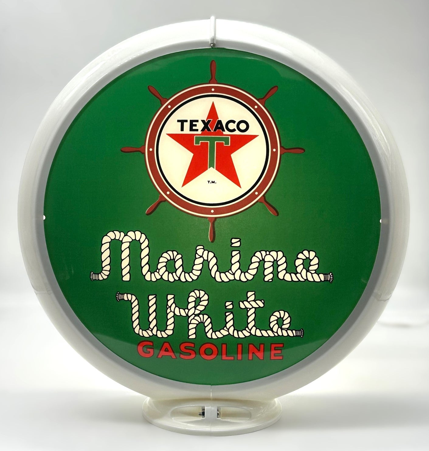 TEXACO MARINE WHITE GASOLINE IN GREEN 13.5" GAS PUMP GLOBE