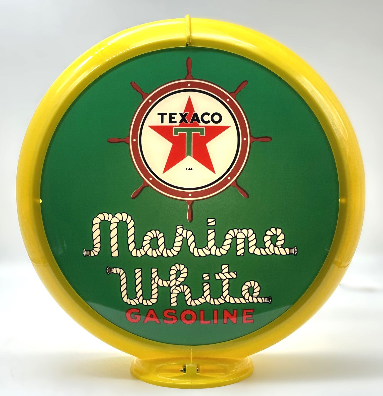 TEXACO MARINE WHITE GASOLINE IN GREEN 13.5" GAS PUMP GLOBE